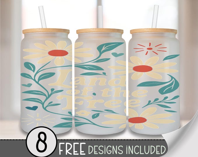 Vintage Land of the Free Glass Can Wrap PNG, Patriotic Floral Can Glass Sublimation Design, Boho USA Iced Coffee Wrap UV Dtf Transfer A255