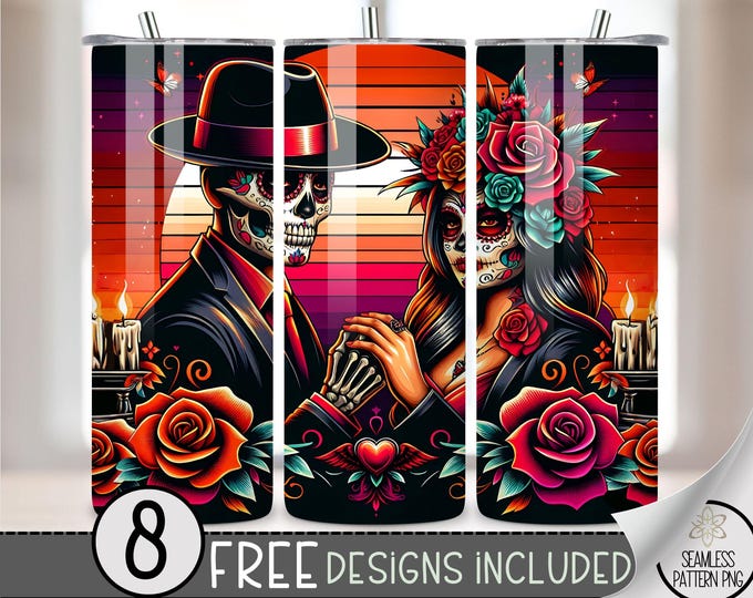 LA Chicano Girl Couple Cholo Couple 20oz Tumbler Wrap, Chicano Style Lowrider Sublimation Design PNG,LA Sugar Skull 20Oz Skinny Tumbler File