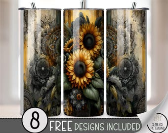 Boujee Sunflower 20 oz tumbler wrap: Grunge Sunflowers Digital Download Sublimation Design for Skinny Tumblers, Botanical PNG Files A720