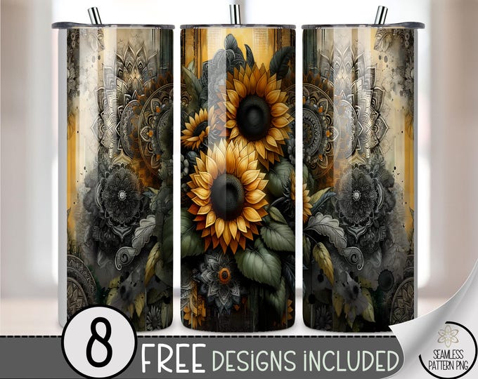 Boujee Sunflower 20 oz tumbler wrap: Grunge Sunflowers Digital Download Sublimation Design for Skinny Tumblers, Botanical PNG Files A720