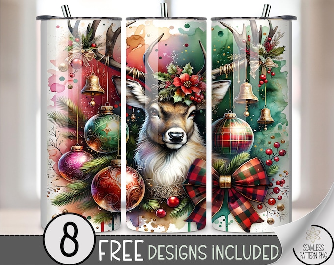 Reindeer 20 oz tumbler wrap, Christmas with Ornament Sublimation Design for Skinny Tumblers, Colorful PNG Files, A550