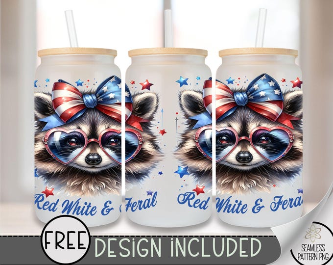 Red White & Feral Raccoon 16 oz Glass Can PNG, Funny Patriotic Glasses and Bow USA Animal, Cute Sublimation July 4 Independence File, A296