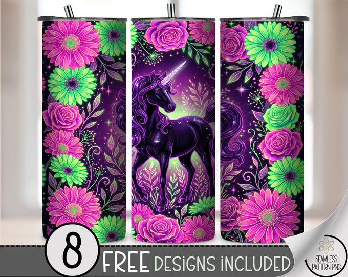 Unicorn 20 oz Tumbler Wrap, Floral Sublimation Design for Straight Tumblers, Vibrant PNG Files, Digital Download, B10509