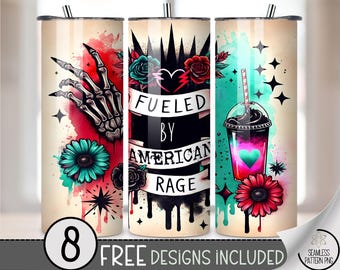 Fueled by American Rage 20 oz Tumbler Wrap PNG, Skeleton Hand Goth Coffee Patriotic Floral Sublimation Design, 20oz Punk USA Wrap File, A316