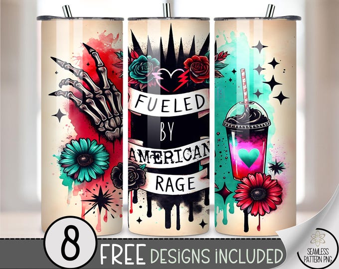 Fueled by American Rage 20 oz Tumbler Wrap PNG, Skeleton Hand Goth Coffee Patriotic Floral Sublimation Design, 20oz Punk USA Wrap File, A316