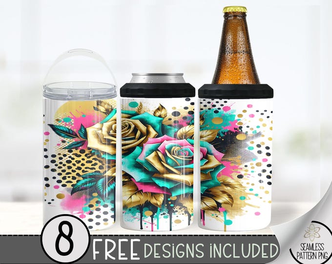 Colorful Rose 4in1 Can Cooler Wrap, Neon Floral 16 oz 4-in-1 Cooler Sublimation design, Pop Art Flower 4 in 1 Can Cooler File PNG, Abstract