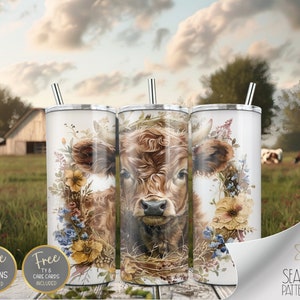 Highland Cow 20 oz Straight Tumbler Wrap Sublimatie PNG, Floral Bluebell & Yellow Flower Aquarel Wreathe Skinny Design Instant Download