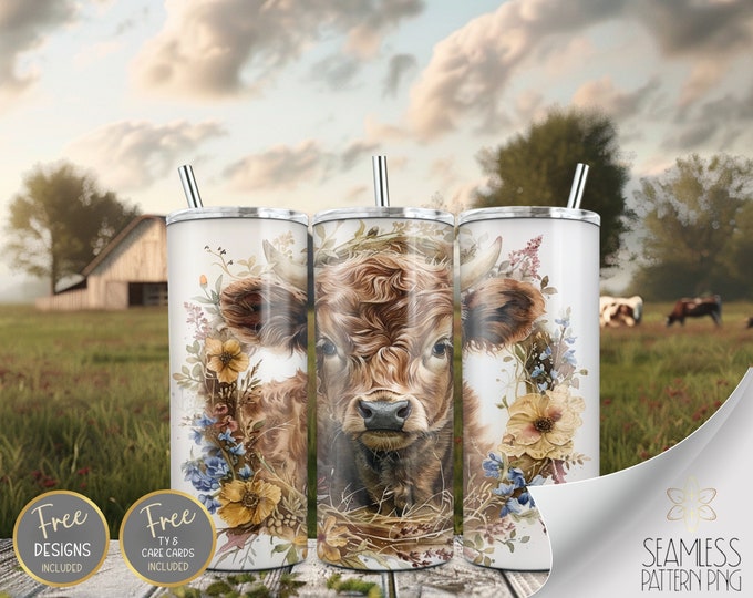 Highland Cow 20 oz Straight Tumbler Wrap Sublimation PNG, Floral Bluebell & Yellow Flower Watercolor Wreathe Skinny Design Instant Download