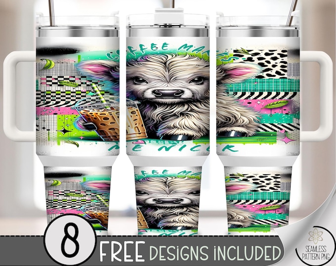 Highland Cow PNG, Funky Portrait 40 oz Tumbler Wrap, Sublimation Design, Colorful Coffee, B942