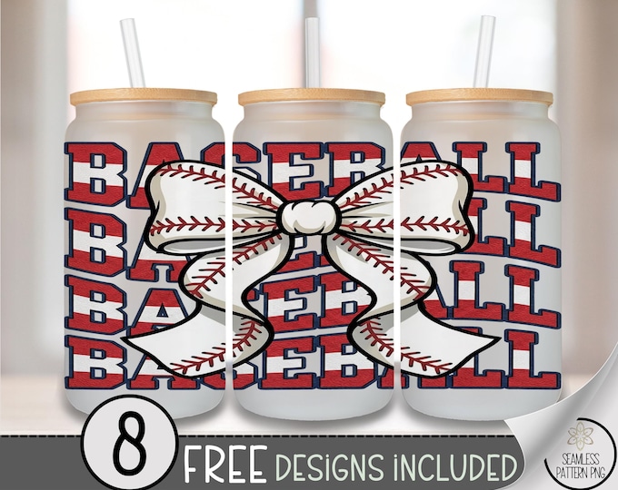 Baseball Bow Glass Can Wrap, Sporty 16oz Tumbler Sublimation Design, Cute PNG File, Digital Download, B10156