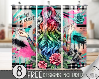 Trashy Classy Tumbler Wrap, Funny 20 oz Skinny Tumbler Sublimation Design, Tattoo Girl Tumbler Design, Straight Neon Rainbow Design File PNG