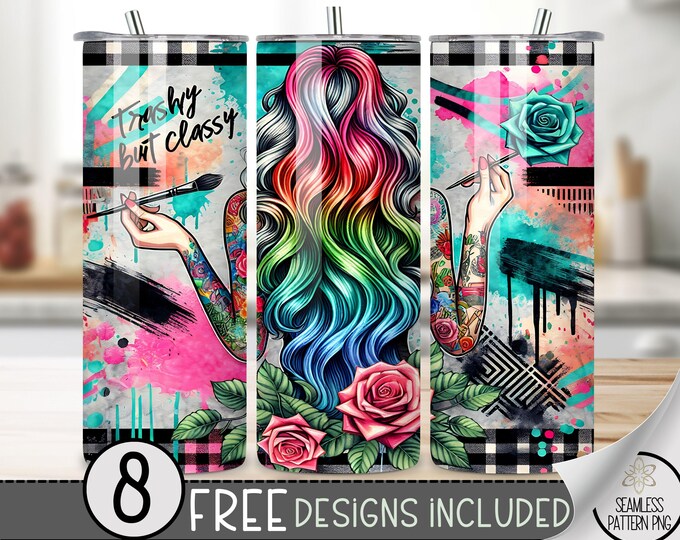Trashy Classy Tumbler Wrap, Funny 20 oz Skinny Tumbler Sublimation Design, Tattoo Girl Tumbler Design, Straight Neon Rainbow Design File PNG