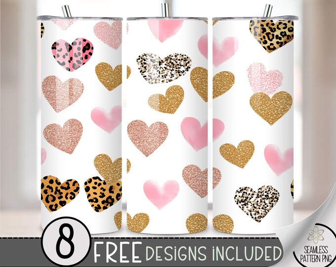 Leopard Valentine's Day Tumbler Wrap, Simple Heart 20oz Skinny Tumbler Sublimation Design, Vday Love Tumbler Wrap File PNG Heart Pattern