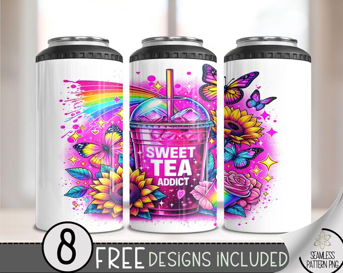 Funny Ice Tea Addict 4 in 1 Can Cooler Wrap, Rainbow 4in1 Tumbler PNG, Iced Tea 16 Oz Can Cooler Sublimation Design,Sunflower 4in1 PNG, A193