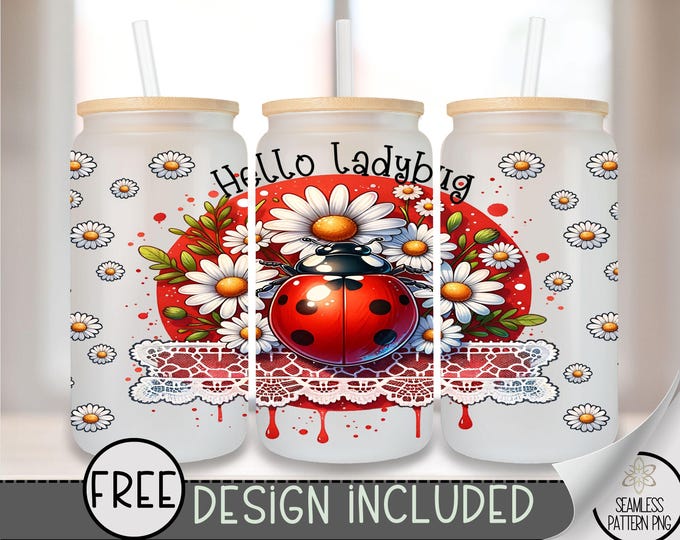 Ladybug Glass Can Wrap, Cute Ladybug PNG Design, Love Bug 16oz Tumbler Wrap, Ladybug Digital Download for Spring, Daisy Floral Beer Can A206