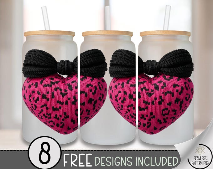 Pink Leopard Heart Glass Can Wrap, Neon Faux Yarn 16oz Glass Tumbler Sublimation Design, Faux Embroidery Coquette Bow PNG File, A826