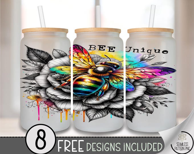 Bee Positive Affirmation Glass Can Wrap PNG, Digital Download Unique Bumblebee, Floral Quote Sublimation Design, A652