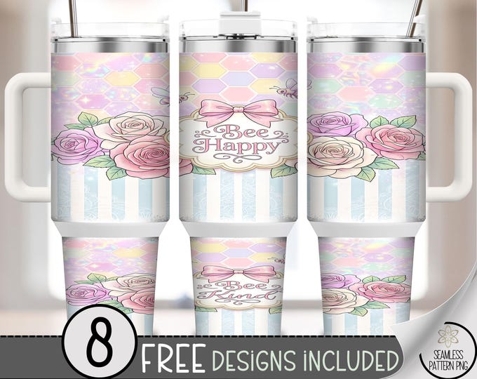 Bee Happy 40 oz Tumbler Wrap, Pastel Cottagecore Sublimation Design, Spring Shabby Chic PNG Files, Feminine 40oz Tumbler Design, B10139