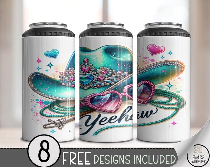 Cowgirl Hat 4in1 Can Cooler Wrap, Glitter Tumbler PNG, Western Sublimation Design, Glam Yeehaw Design, Country Charm 4 in 1 Can Wrap, A459