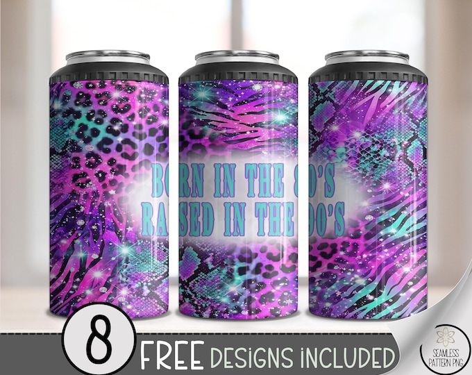 Retro 80s 4in1 Can Cooler Wrap, Raised 90s Sublimation Design, Neon Blacklight 16 oz 4-in-1 File, Pink Teal Leopard Zebra B10105