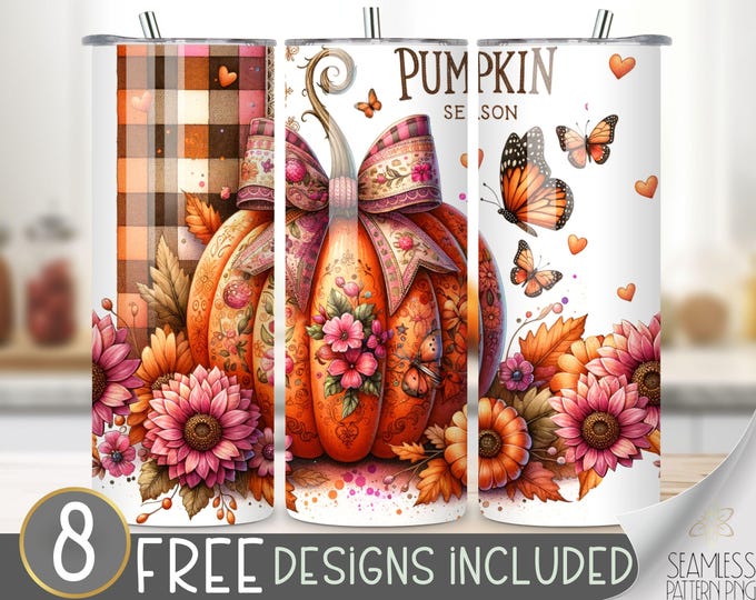 Pumpkin season tumbler wrap, flower tumbler design, pumpkin 20 oz tumbler wrap, autumn plaid tumbler PNG, pumpkin toile tumbler file