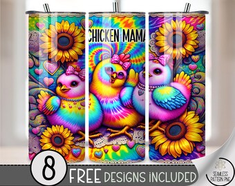 20oz Tumbler Wrap Chicken Mama PNG, Colorful Farm Chick Design, Rainbow Sunflower Sublimation, Funny Farm Mom Tumbler Wrap, A373