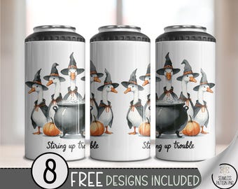 Halloween Goose Tumbler Wrap 4-in-1, Stirring Up Trouble PNG, Funny Witch Duck Sublimation, Cauldron Pumpkin Fall Can Cooler Wrap, A364