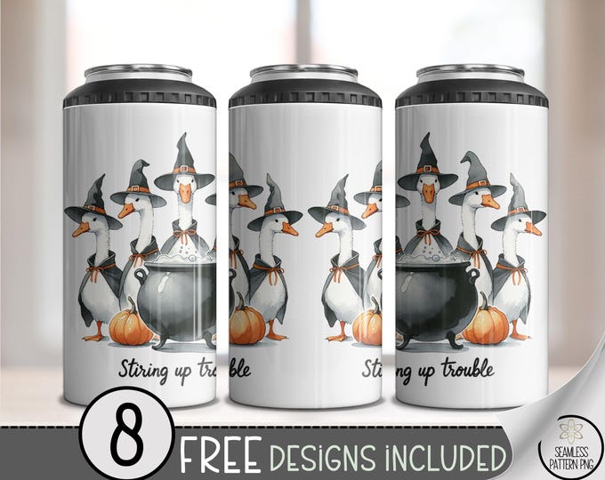 Halloween Goose Tumbler Wrap 4-in-1, Stirring Up Trouble PNG, Funny Witch Duck Sublimation, Cauldron Pumpkin Fall Can Cooler Wrap, A364