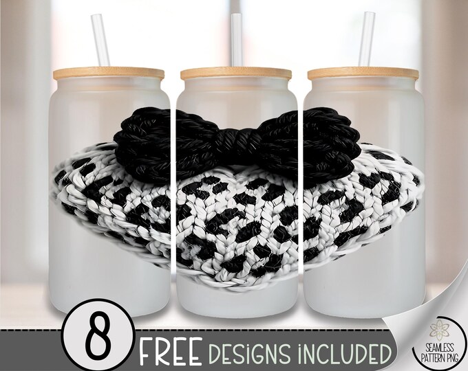 Leopard Heart Glass Can Wrap, Faux Yarn 16oz Glass Tumbler Sublimation Design, Faux Embroidery Coquette Bow PNG File A811