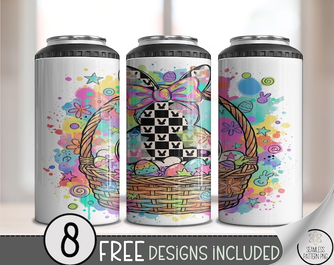 Checkered Bunny PNG, 4-in-1 Can Cooler Wrap, Checkered Easter Coquette Sublimation Design, B882