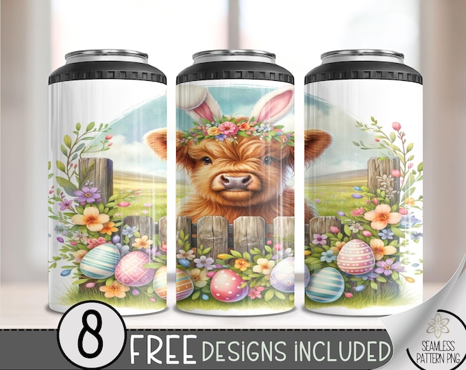 Highland Cow Easter 4 in 1 Can Cooler Wrap,Bunny Floral 4in1 Tumbler PNG,Egg Easter 16 Oz Can Cooler Sublimation Design,Seamless Floral, A12