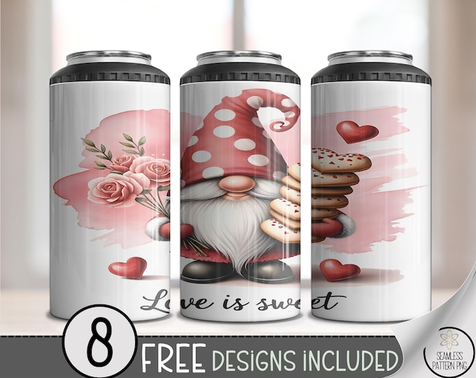 Gnome Hearts 4 in 1 Can Cooler PNG, Valentine Design, 16 oz 4n1 Lovely Sublimation, Digital Download, A694