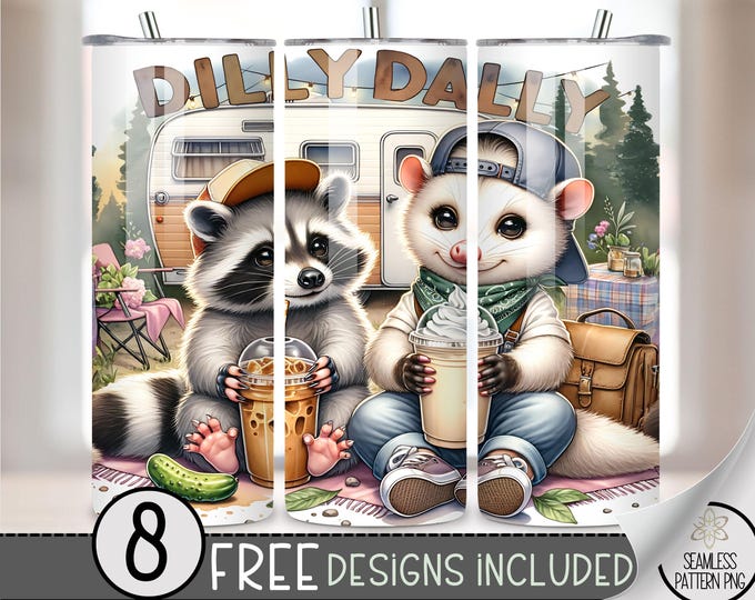 Racoon Camper 20 oz Tumbler Wrap, Funny Animal Skinny Tumbler Sublimation Design, Iced Coffee Tumbler PNG Digital File,Dilly Dally PNG, A157