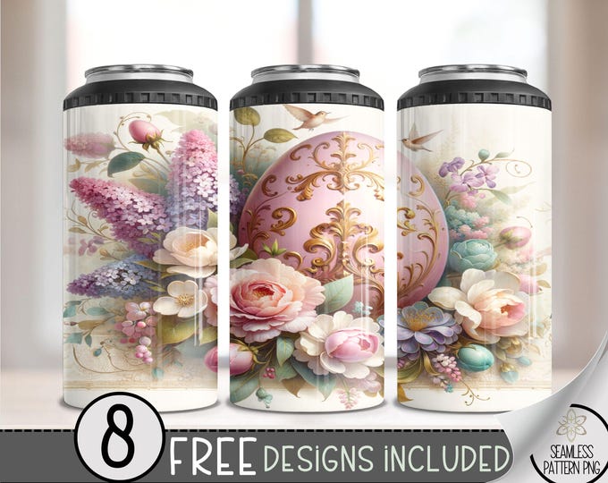 Shabby Chic Easter 4 in 1 Can Cooler Wrap, Easter Egg 4in1 Tumbler PNG, Floral 16 Oz Can Cooler Sublimation Design, Rococo Grand Millennial