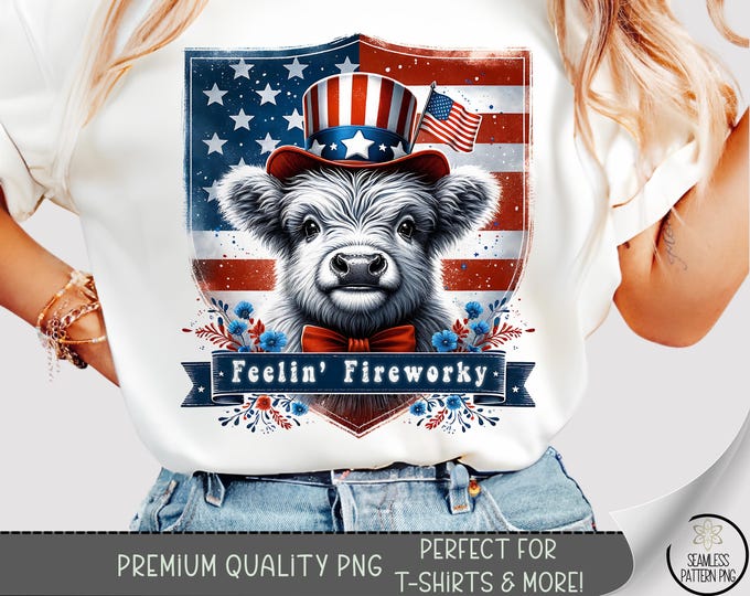 Feelin’ Fireworky PNG, Patriotic Highland Cow T-Shirt Design, 4th of July American Flag Cow Sublimation, Red White Blue Flowers Tee, A301