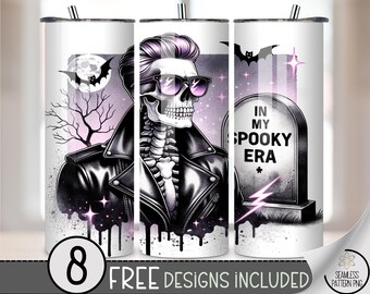 In My Spooky Era Tumbler Wrap PNG for 20 oz Skinny Sublimation, Halloween Skeleton Goth Design with Tombstone & Leather Jacket, A355