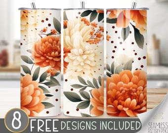 Autumn Floral Tumbler Wrap, Fall Dahlia Seamless Design, Autumn Flower Sublimation Tumbler Design PNG, Chrysanthemum 20 OZ Skinny Wrap PNG