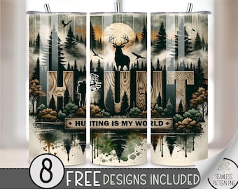 May include: A set of three stainless steel tumblers with a woodland scene and the words "Hunt - Hunting is my world". The tumblers feature a deer, trees, and a watercolor effect.