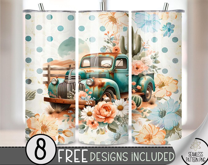Rustic Vintage Truck Tumbler Wrap, Western 20oz Skinny Tumbler Sublimation Design, Floral Tumbler File PNG, Old Truck Seamless Tumbler Wrap