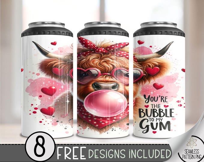 Highland Cow Valentine 4in1 Can Cooler Wrap, Winter Sublimation Design, Vday 16 Oz Slim, Cute 4 in 1 Tumbler PNG,Valentines 16 Oz Can Cooler