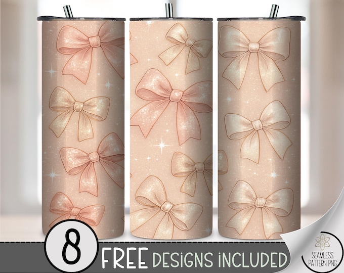 Blush Bow Pattern 20oz Tumbler Wrap, Romantic Sublimation Design for Skinny Tumblers, Cute Pink PNG Files, Digital Download, B10495