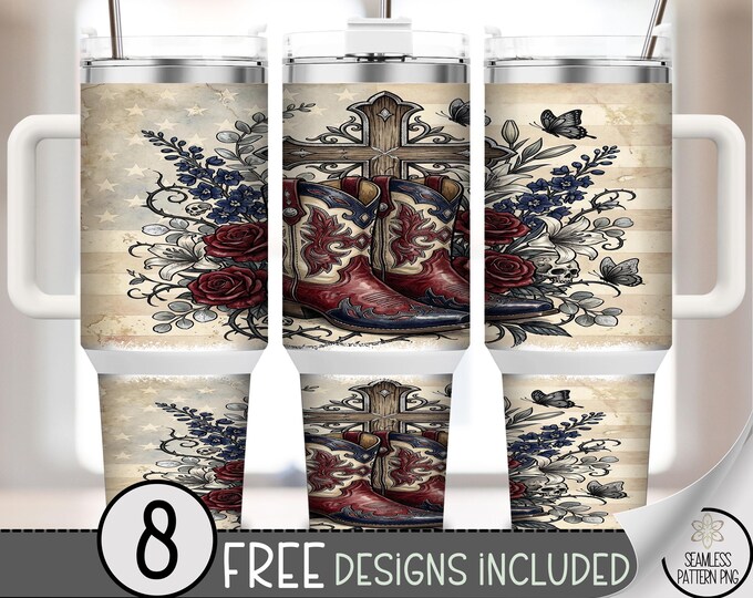 Cowboy Boots Cross Roses 40oz Tumbler Wrap Sublimation Design, Digital Download, B10468