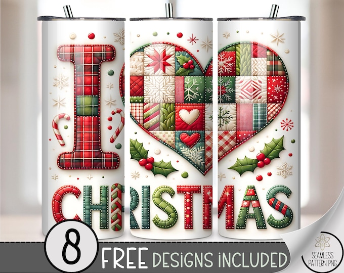 Rustic 20 oz tumbler wrap: Heart Christmas Digital Download Sublimation Design for Skinny Tumblers, Festive PNG Files Patchwork Plaid A503