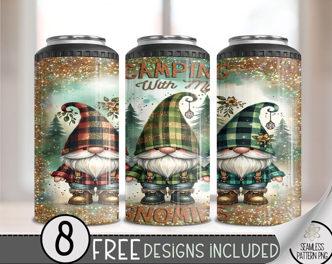 Camping With Gnomies 4 in 1 Can Cooler Wrap, Cute Gnome 4in1 Tumbler PNG, Lumberjack Plaid 16 Oz Can Cooler Sublimation Design, Plaid Gnomes