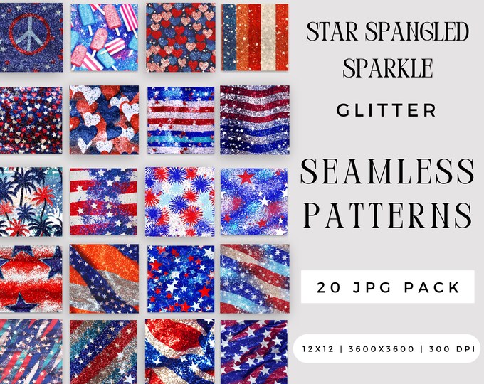 Digital Glitter Star Spangled Sparkle Seamless Pattern JPG Bundle, Stripe Sublimation File, Bright 4th of July Repeating Pack Commercial Use