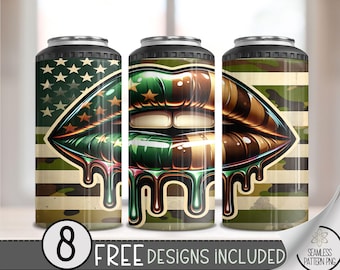 Military Kiss 4 in 1 Can Cooler Wrap, Camo Lips 4in1 Tumbler PNG,Proud Patriotic Wife 16 Oz Can Cooler Sublimation Design,American Flag A146
