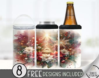 Christmas Can Cooler Wrap, Xmas 16 oz 4-in-1 Cooler Sublimation, Religious 16Oz Tumbler File, Floral Holiday Design, Floral Nativity Wrap