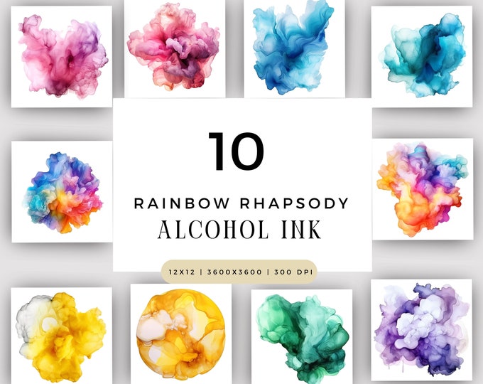 Rainbow Rhapsody, Bright Alcohol Ink Clipart Bundle PNG JPG Summer Clip Art Digital Instant Download Commercial Use, Children Novelty Design