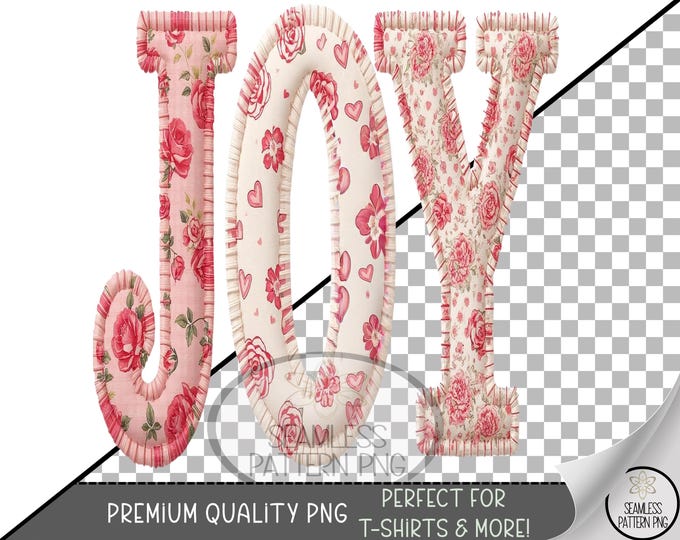 Valentines Joy PNG, Sublimation Design, Pink Letters UV DTF Graphic, Faux Yarn Clip Art, Shabby-Chic Floral Pattern, Digital Download, B807