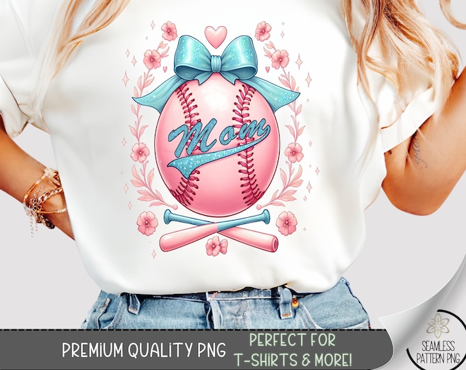 Pink Baseball Mom PNG, Cute Floral Baseball with Bow Sublimation Design, Sports Mom Shirt PNG for T-Shirts & Gifts, A367
